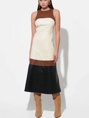 Colorblock Faux-Leather Midi Dress in Cream, Brown & Black